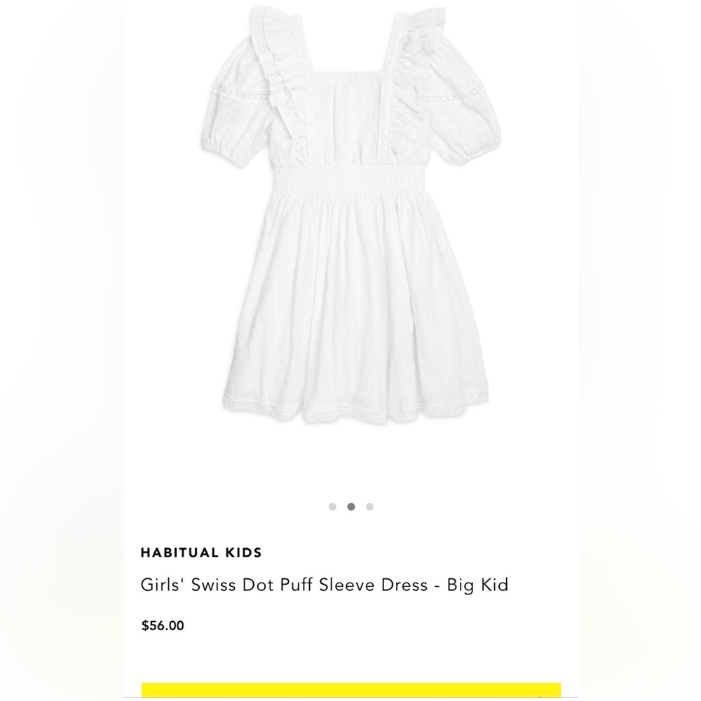 NWT girls Habitual dress in white with ruffles, swiss dot, puff sleeves, lined.